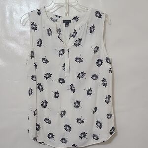Talbots Women's White and Black Floral Sleeveless Button Front Blouse-Size Large